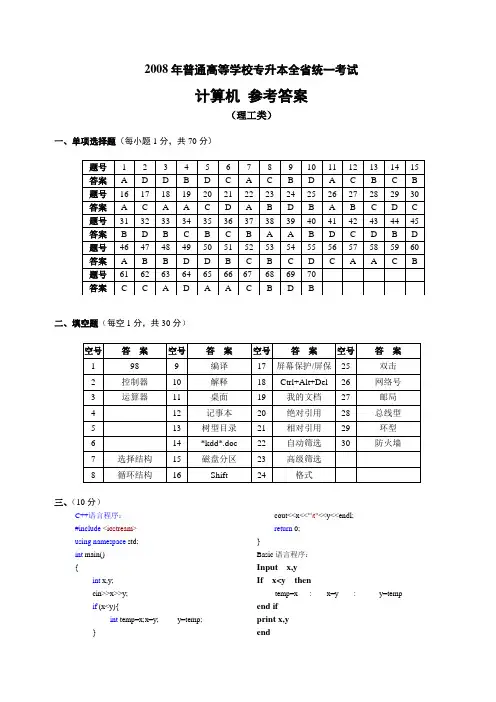 2008专升本计算机(理)A试题答案