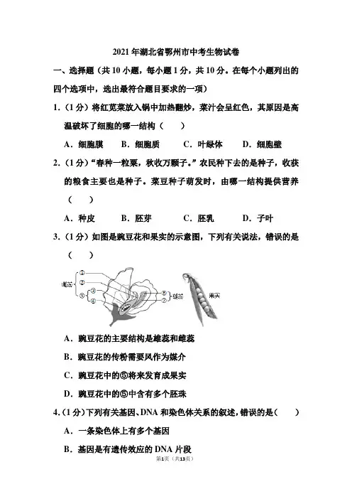 2021年湖北省鄂州市中考生物试卷(含答案)