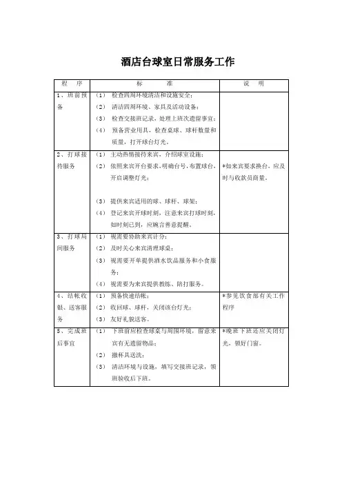 酒店台球室日常服务工作