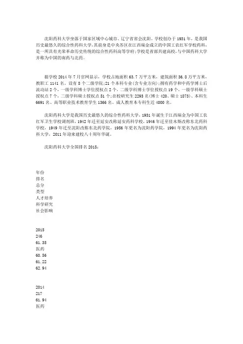 【沈阳药科大学排名】_沈阳药科大学排名2015