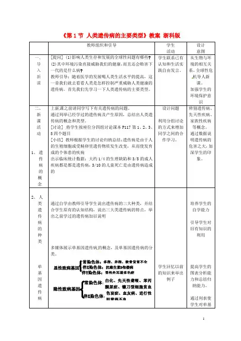 2015-2016学年 浙科版 人类遗传病的主要类型 教案