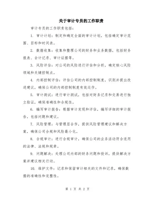 关于审计专员的工作职责