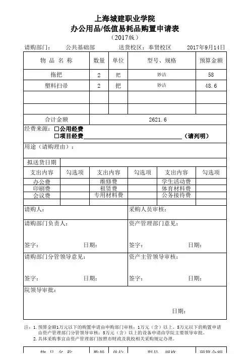 办公用品低值易耗品购置申请表