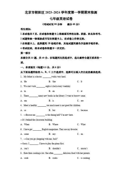 北京市朝阳区2023-2024学年七年级上学期期末 英语试题(含解析)