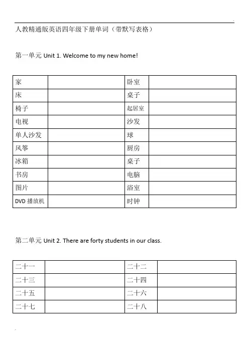 人教精通版小学英语四年级下册单词表(带默写表格)
