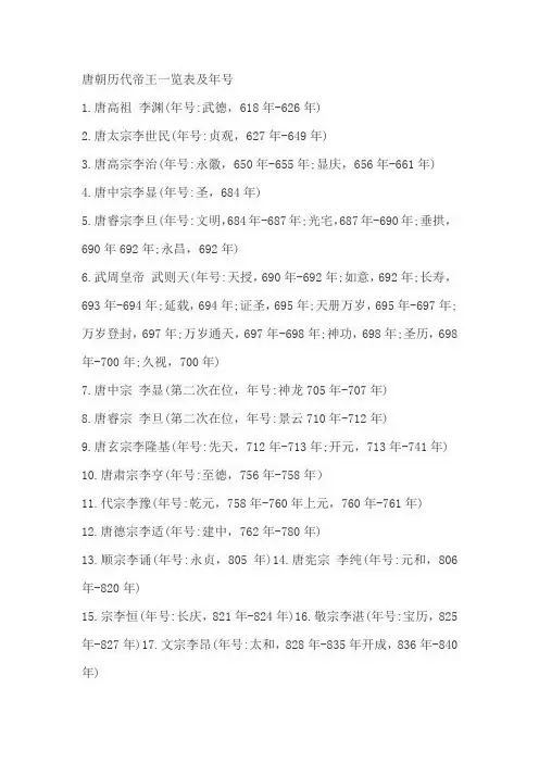 唐朝历代帝王一览表及年号