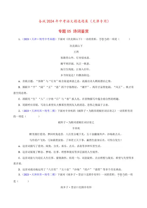 专题05诗词鉴赏(原卷版)-2024年中考语文精选题集