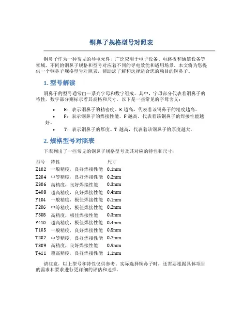 铜鼻子规格型号对照表