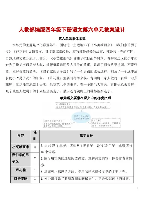 人教部编版四年级下册语文第六单元教案设计(含口语习作园地六)