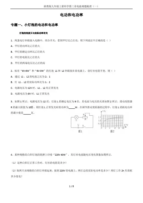 浙教版九年级上册科学第三章电能难题梳理(一)