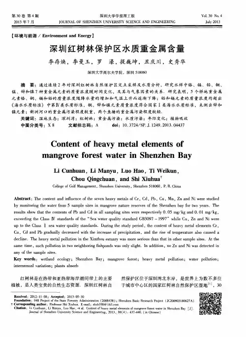深圳红树林保护区水质重金属含量