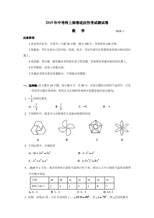 张家港市2019年中考网上阅卷适应性考试数学测试卷及答案