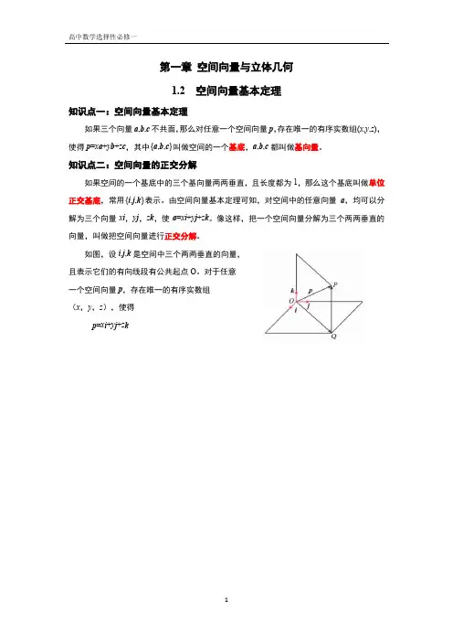 高中数学选修一-第1章-1.2空间向量基本定理-重点知识点