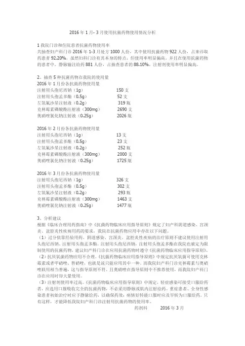 2016年1月- 3月使用抗菌药物使用情况分析