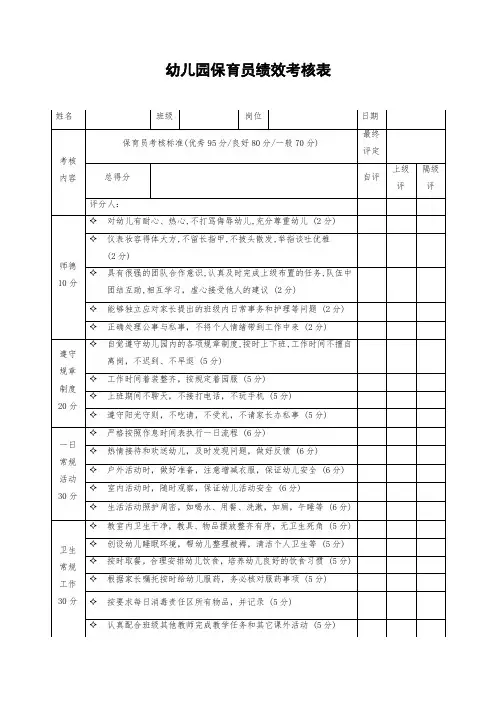 幼儿园保育员绩效考核表,幼儿园保育员绩效考核细则