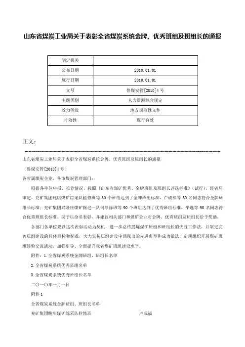 山东省煤炭工业局关于表彰全省煤炭系统金牌、优秀班组及班组长的通报-鲁煤安管[2010]4号