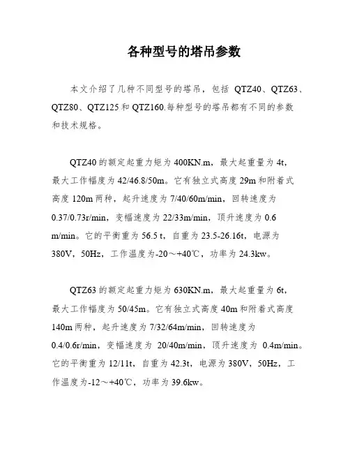 各种型号的塔吊参数