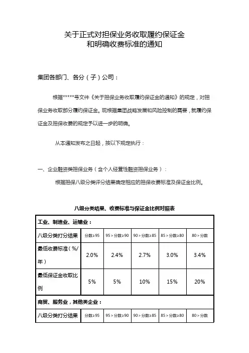 关于正式对担保业务收取履约保证金和明确收费标准的通知