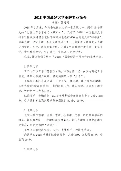 2018中国最好大学王牌专业简介