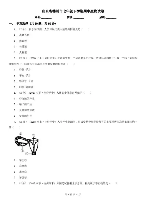 山东省德州市七年级下学期期中生物试卷