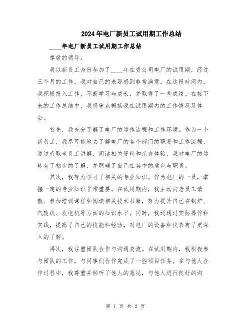 2024年电厂新员工试用期工作总结