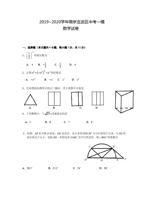 2019-2020学年06月10日南京玄武区中考一模数学试卷+评分标准