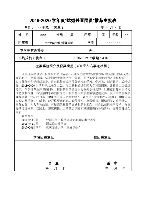 重庆交通大学“优秀共青团员”推荐审批表