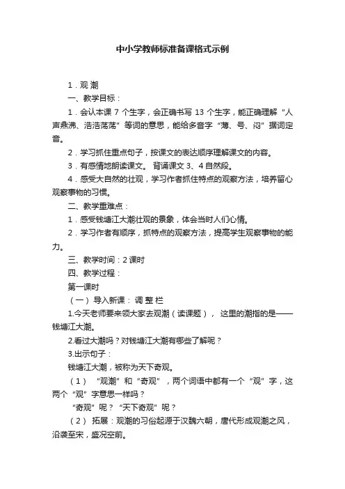中小学教师标准备课格式示例