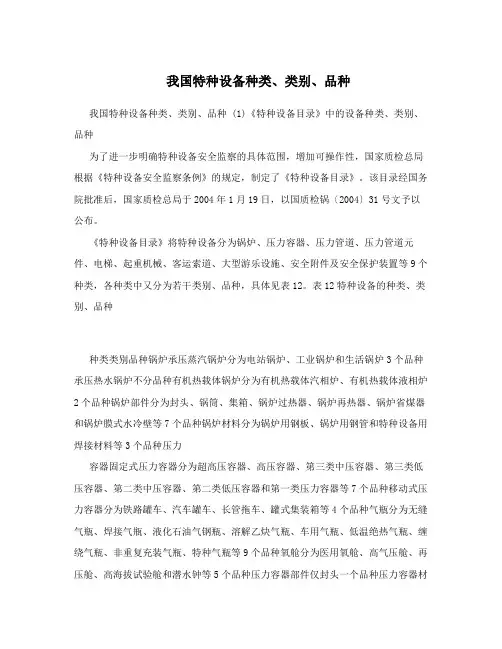 我国特种设备种类、类别、品种