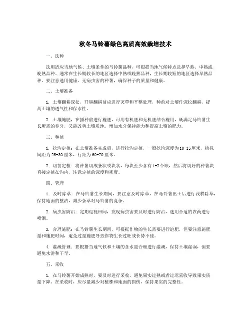秋冬马铃薯绿色高质高效栽培技术