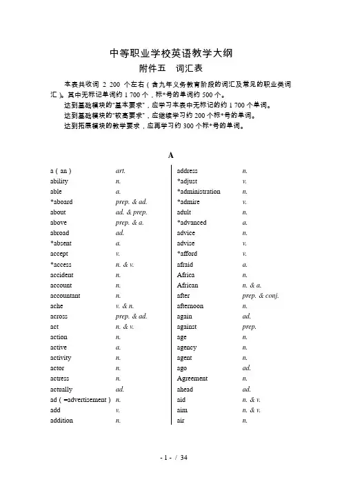 中等职业学校英语教学大纲附件五词汇表08145