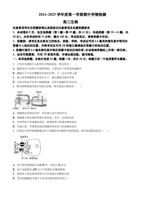 江苏省南通市通州区、如东县2025届高三上学期期中联考试题生物含答案