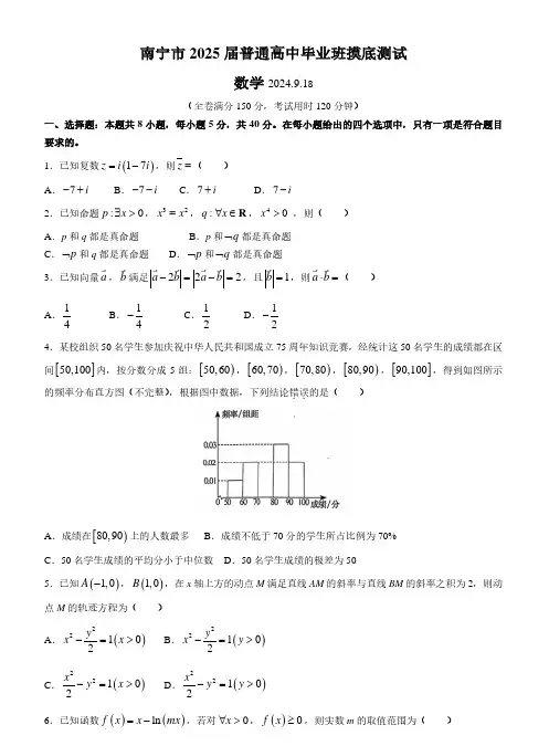 2025广西南宁高三毕业班摸底测试数学试题+答案
