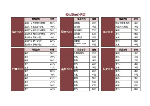 餐饮菜单价格表