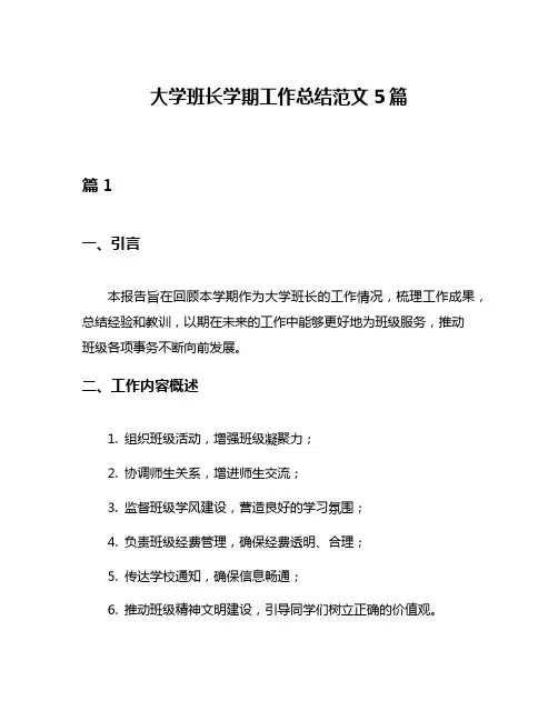 大学班长学期工作总结范文5篇
