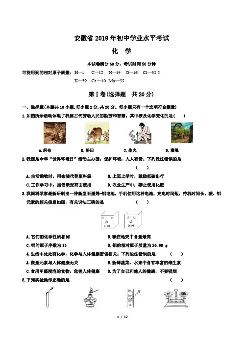 2019年安徽省中考化学试卷及答案解析