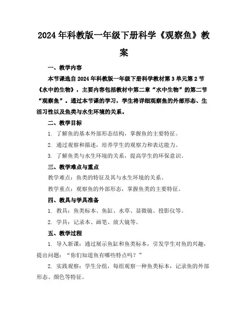 2024年科教版一年级下册科学《观察鱼》教案