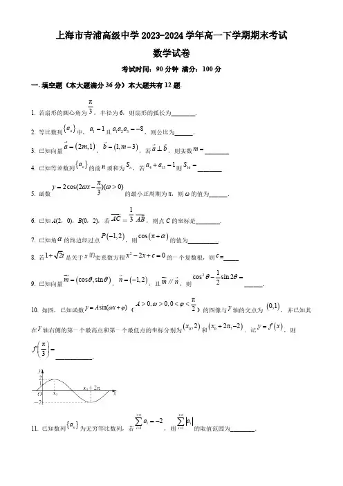 上海市青浦高级中学2023-2024学年高一下学期期末考试数学试卷(含答案)