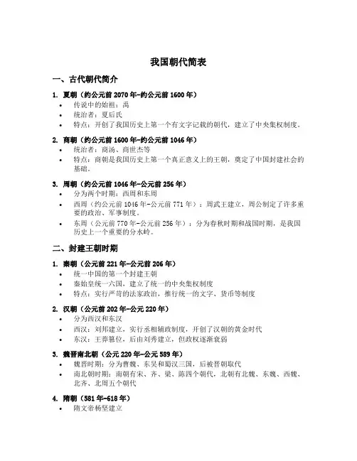我国朝代简表