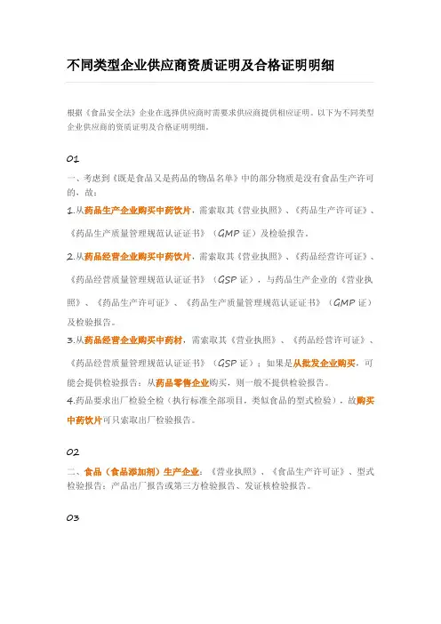 不同类型企业供应商资质证明及合格证明明细
