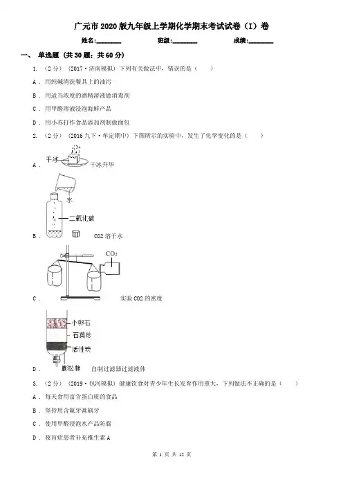 广元市2020版九年级上学期化学期末考试试卷(I)卷