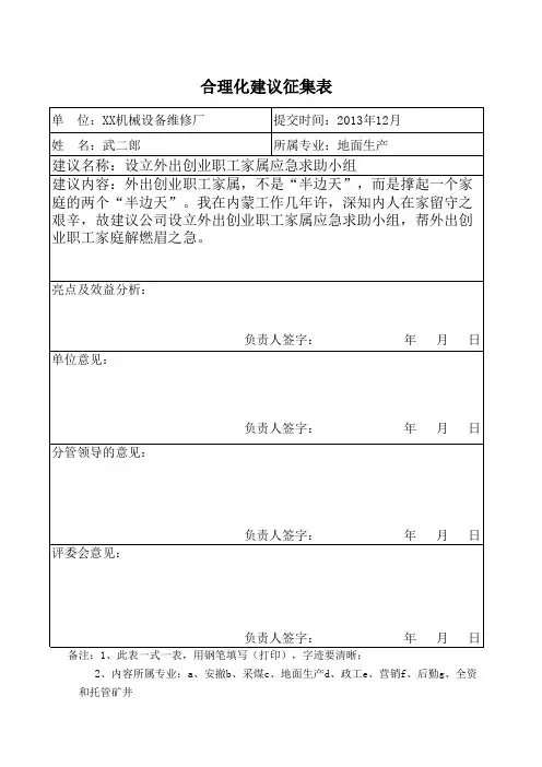 合理化建议征集表格