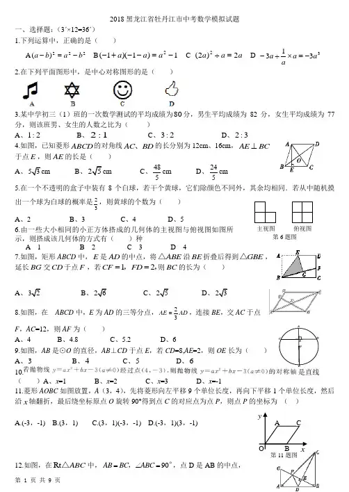2018黑龙江省牡丹江市中考数学模拟试题 (2)
