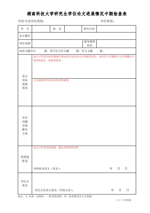 湖南科技大学研究生学位论文进展情况中期检查表
