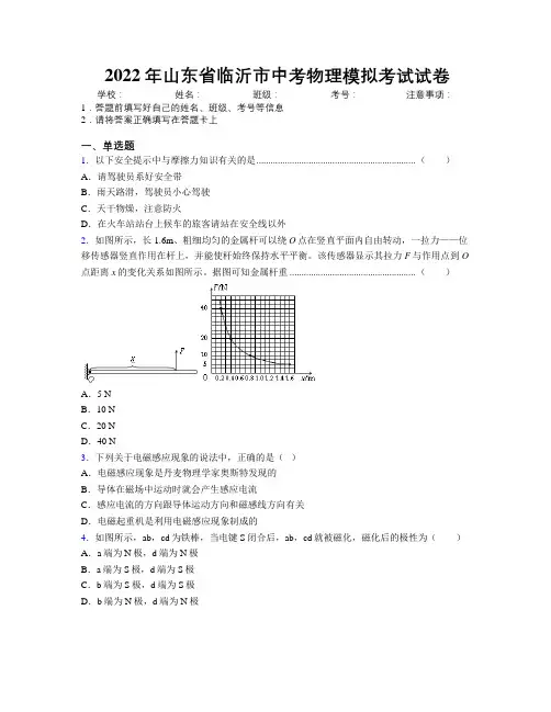 2022年山东省临沂市中考物理模拟考试试卷及解析