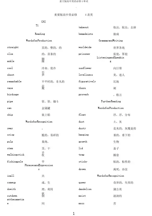 重大版高中英语必修4单词
