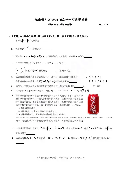 2024届上海市崇明区高三一模数学试题及答案