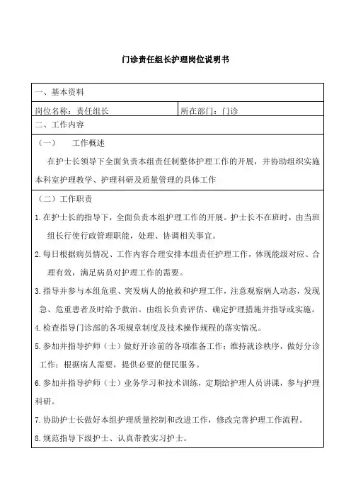 门诊责任组长护理岗位说明书