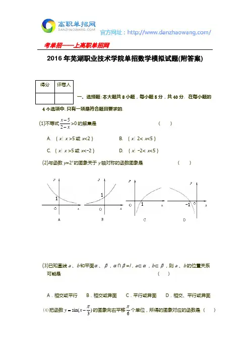 2016年芜湖职业技术学院单招数学模拟试题(附答案)
