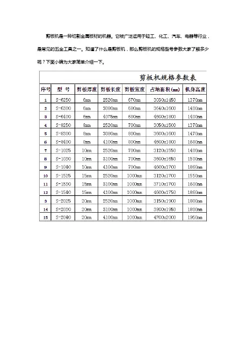 剪板机规格型号参数【免费下载】